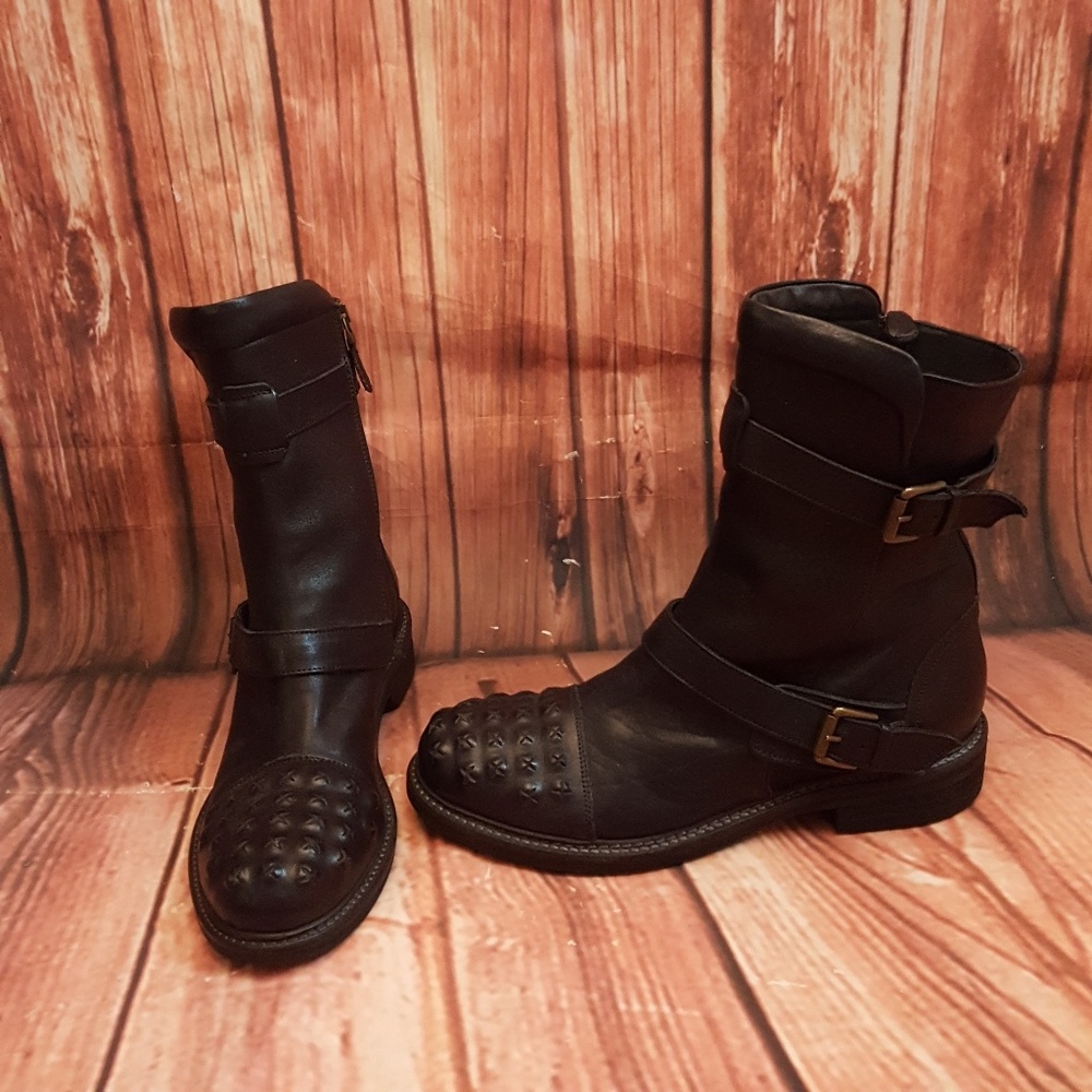 black Leather Studded Boho Biker combat ankle Boots (two sizes)  8.5/9 Chic